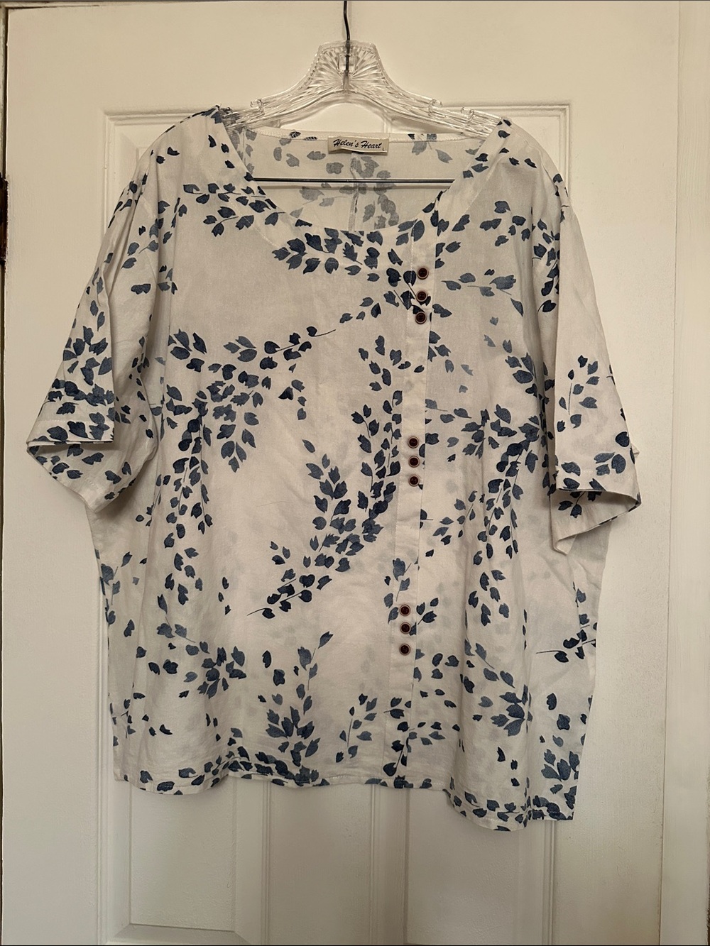 Relaxed Cream Blouse with Blue Leaf Print Helen’s Heart